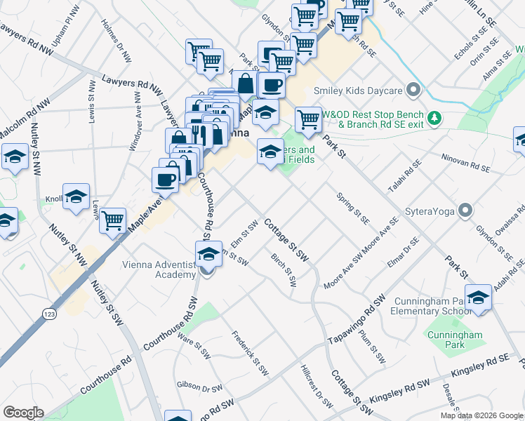 map of restaurants, bars, coffee shops, grocery stores, and more near 123 Elm Street Southwest in Vienna