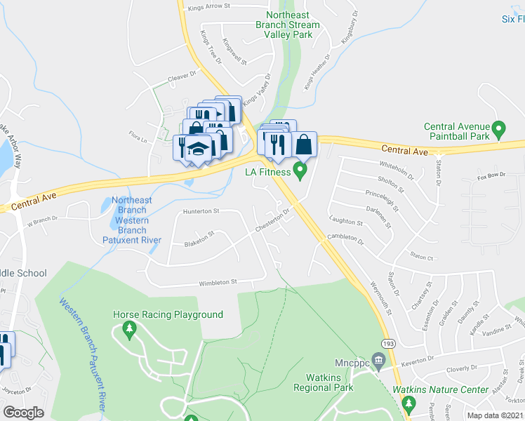 map of restaurants, bars, coffee shops, grocery stores, and more near 12310 Chesterton Drive in Upper Marlboro