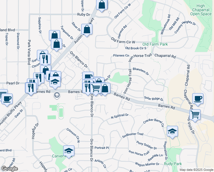 map of restaurants, bars, coffee shops, grocery stores, and more near 4630 Excalibur Court in Colorado Springs