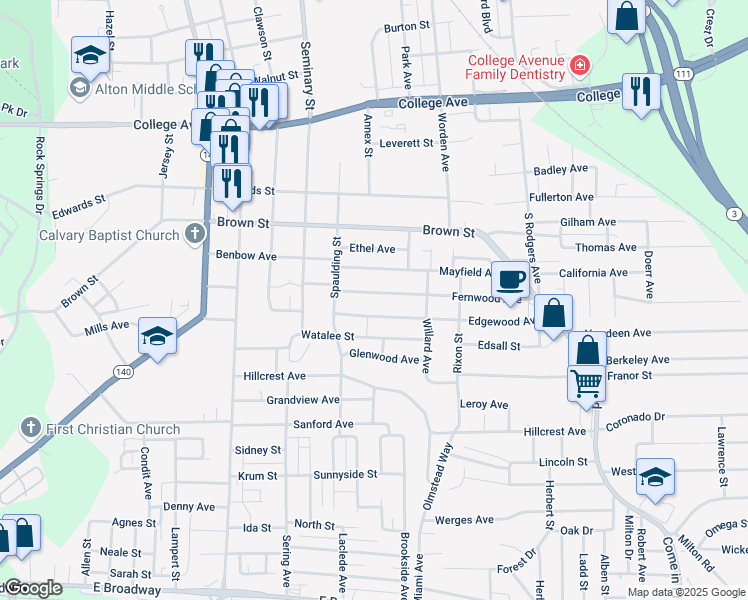 map of restaurants, bars, coffee shops, grocery stores, and more near 3000 Fernwood Avenue in Alton