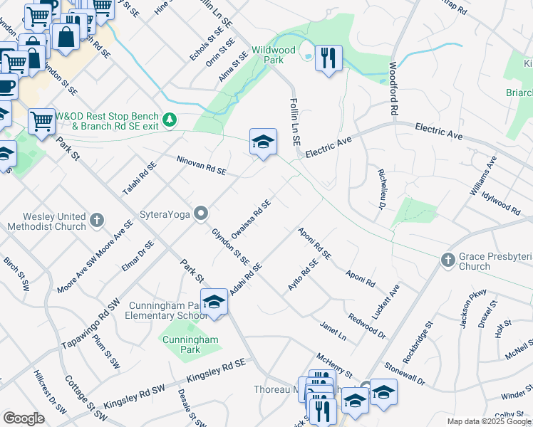 map of restaurants, bars, coffee shops, grocery stores, and more near 325 Owaissa Road Southeast in Vienna
