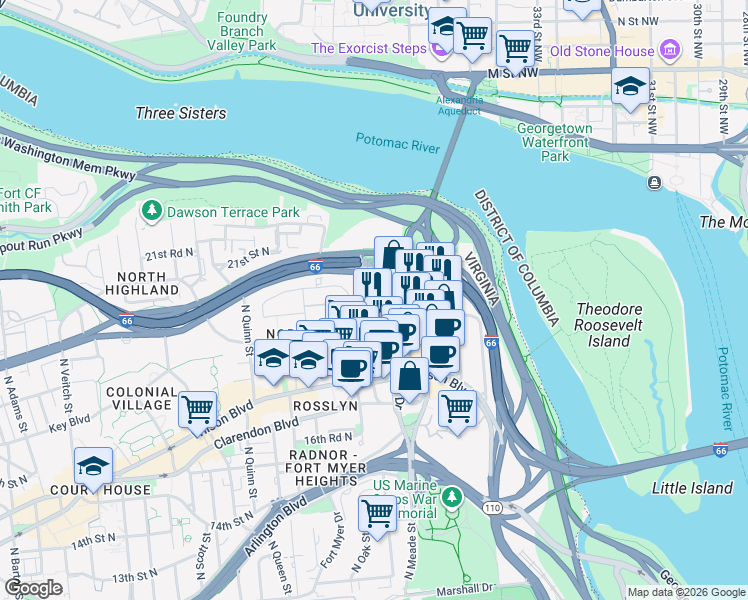 map of restaurants, bars, coffee shops, grocery stores, and more near 1900 Fort Myer Drive in Arlington