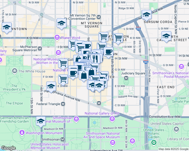 map of restaurants, bars, coffee shops, grocery stores, and more near 750 9th Street Northwest in Washington