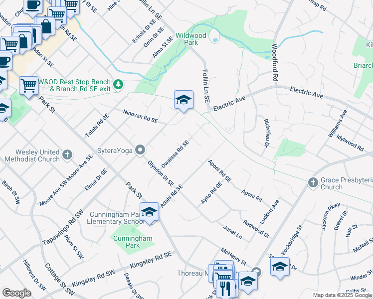 map of restaurants, bars, coffee shops, grocery stores, and more near 325 Owaissa Road Southeast in Vienna