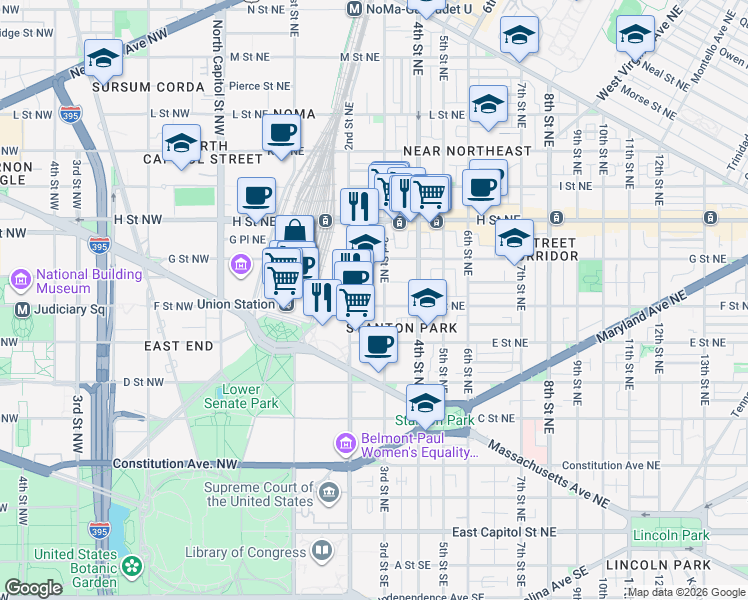 map of restaurants, bars, coffee shops, grocery stores, and more near 101 Independence Avenue Southeast in Washington