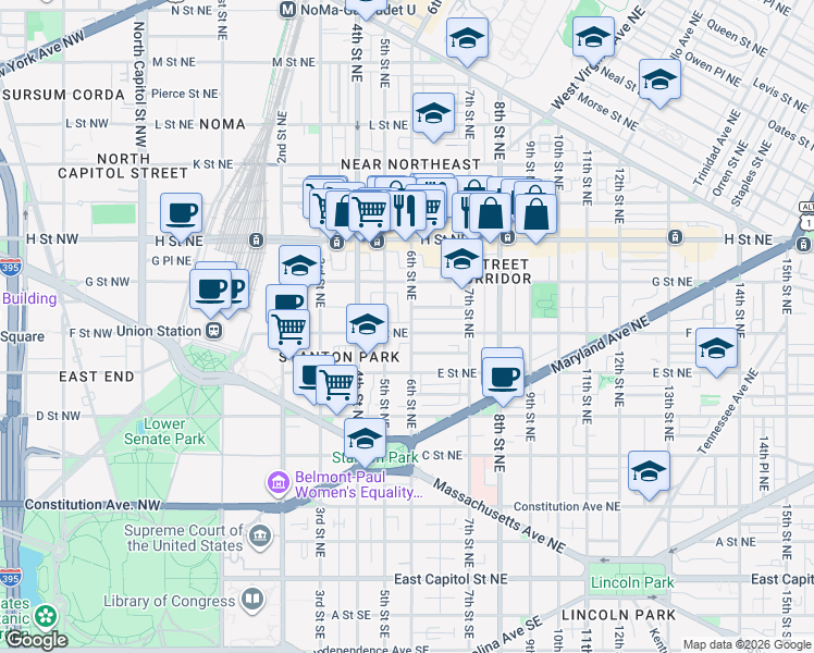 map of restaurants, bars, coffee shops, grocery stores, and more near 101 Independence Avenue Southeast in Washington