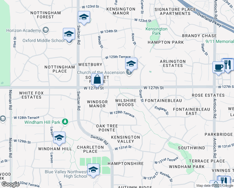 map of restaurants, bars, coffee shops, grocery stores, and more near 9710 West 127th Terrace in Overland Park