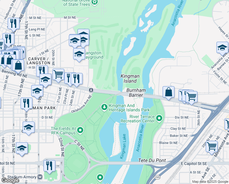 map of restaurants, bars, coffee shops, grocery stores, and more near 2500 Benning Road Northeast in Washington