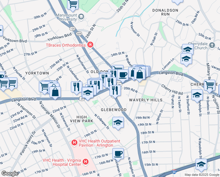 map of restaurants, bars, coffee shops, grocery stores, and more near North Glebe Road in Arlington