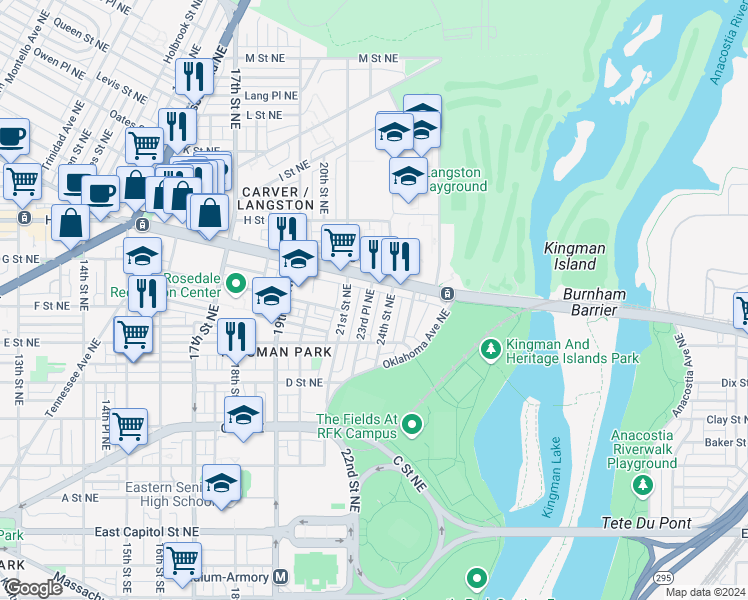 map of restaurants, bars, coffee shops, grocery stores, and more near 561 23rd Place Northeast in Washington