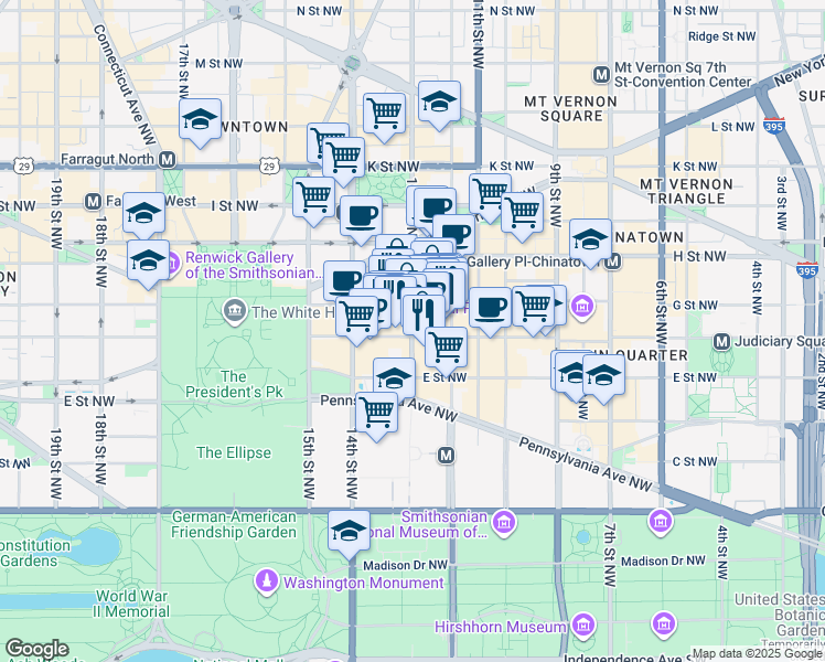 map of restaurants, bars, coffee shops, grocery stores, and more near 600 13th Street Northwest in Washington