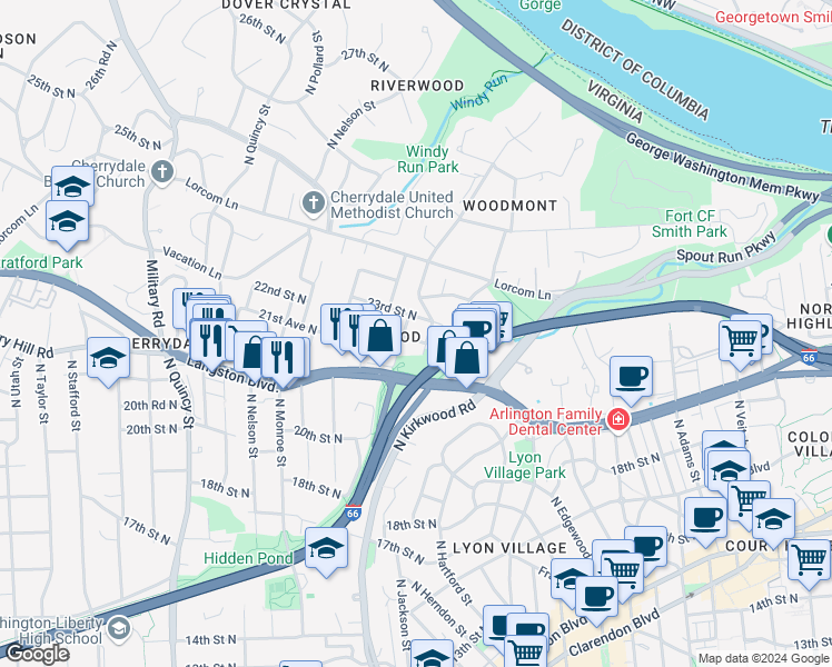 map of restaurants, bars, coffee shops, grocery stores, and more near 2911 22nd Street North in Arlington