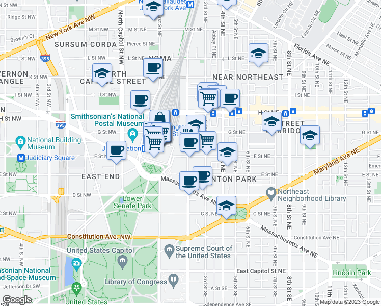 map of restaurants, bars, coffee shops, grocery stores, and more near 603 2nd Street Northeast in Washington