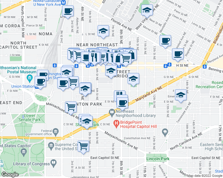 map of restaurants, bars, coffee shops, grocery stores, and more near 602 7th Street Northeast in Washington