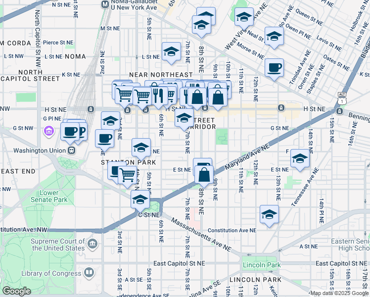 map of restaurants, bars, coffee shops, grocery stores, and more near 602 7th Street Northeast in Washington
