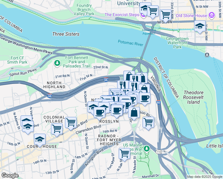 map of restaurants, bars, coffee shops, grocery stores, and more near 1507 North Colonial Court in Arlington