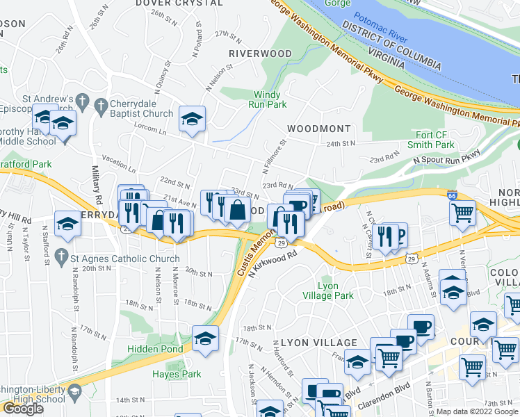 map of restaurants, bars, coffee shops, grocery stores, and more near 2911 22nd Street North in Arlington