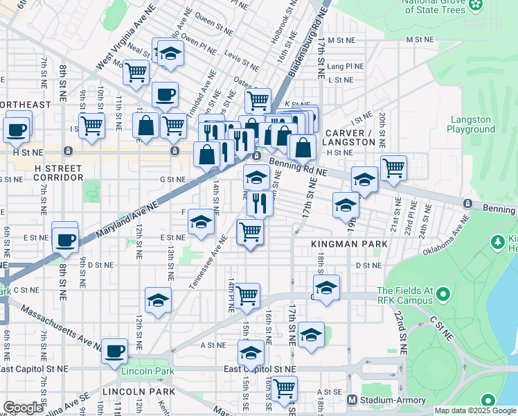map of restaurants, bars, coffee shops, grocery stores, and more near 601 15th Street Northeast in Washington