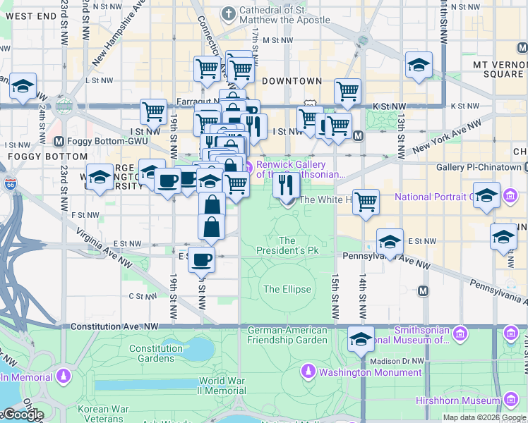 map of restaurants, bars, coffee shops, grocery stores, and more near West Executive Avenue Northwest in Washington