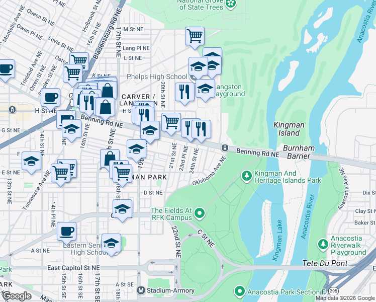 map of restaurants, bars, coffee shops, grocery stores, and more near 101 Independence Avenue Southeast in Washington