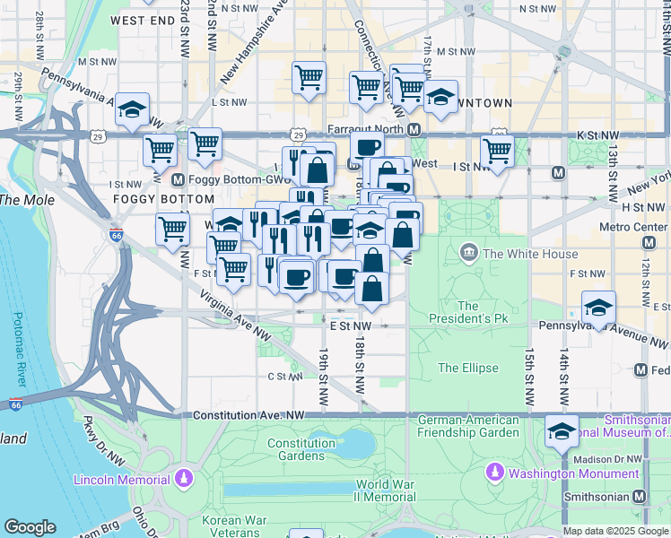 map of restaurants, bars, coffee shops, grocery stores, and more near 1889 F Street Northwest in Washington