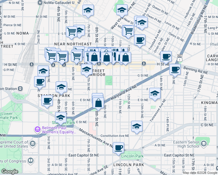 map of restaurants, bars, coffee shops, grocery stores, and more near 920 F Street Northeast in Washington