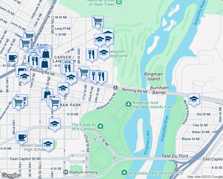 map of restaurants, bars, coffee shops, grocery stores, and more near 2527 Benning Road Northeast in Washington