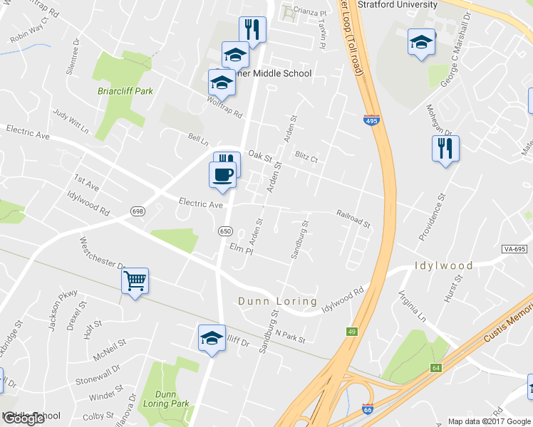 map of restaurants, bars, coffee shops, grocery stores, and more near 2313 Arden Street in Dunn Loring