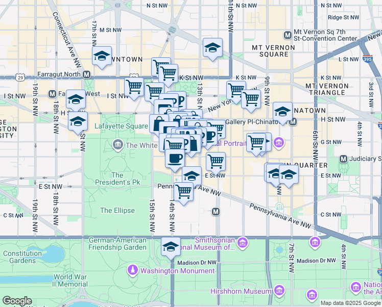 map of restaurants, bars, coffee shops, grocery stores, and more near 1317 F Street Northwest in Washington