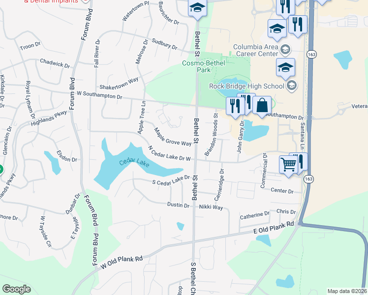 map of restaurants, bars, coffee shops, grocery stores, and more near 155 Maple Grove Way in Columbia