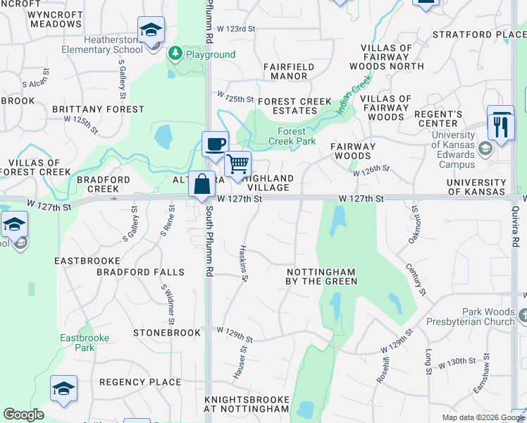 map of restaurants, bars, coffee shops, grocery stores, and more near 13114 West 127th Terrace in Overland Park