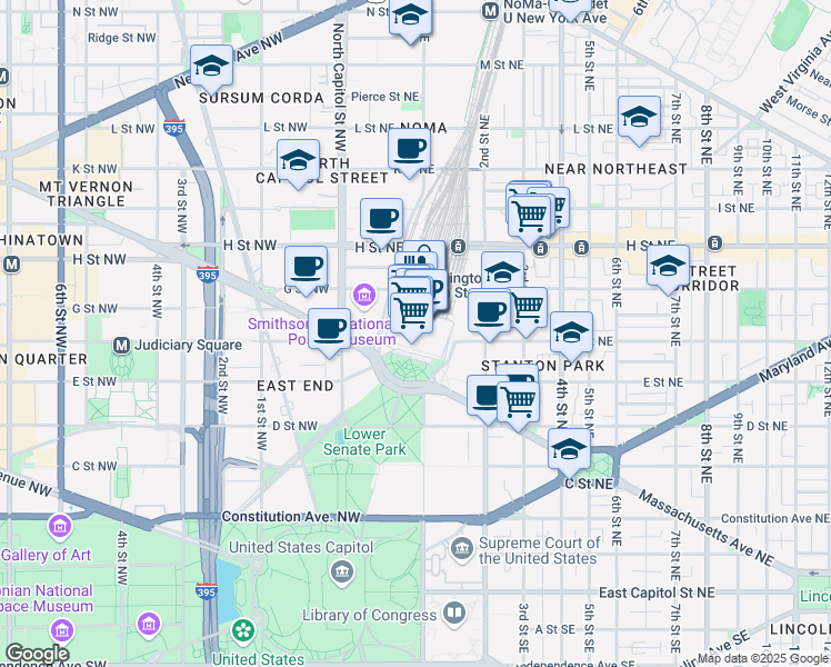 map of restaurants, bars, coffee shops, grocery stores, and more near 101 Independence Avenue Southeast in Washington