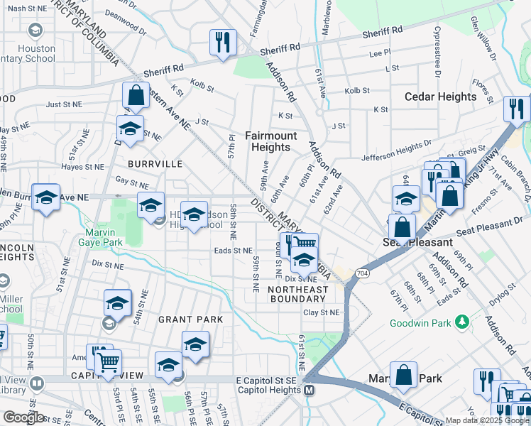 map of restaurants, bars, coffee shops, grocery stores, and more near 612 Eastern Avenue Northeast in Washington