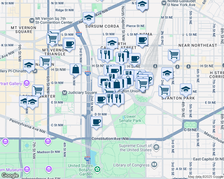 map of restaurants, bars, coffee shops, grocery stores, and more near 20 Massachusetts Avenue Northwest in Washington