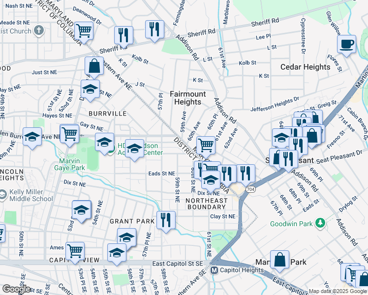 map of restaurants, bars, coffee shops, grocery stores, and more near 612 Eastern Avenue Northeast in Washington