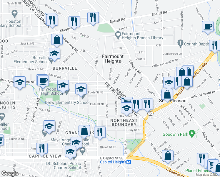 map of restaurants, bars, coffee shops, grocery stores, and more near 612 Eastern Avenue Northeast in Washington