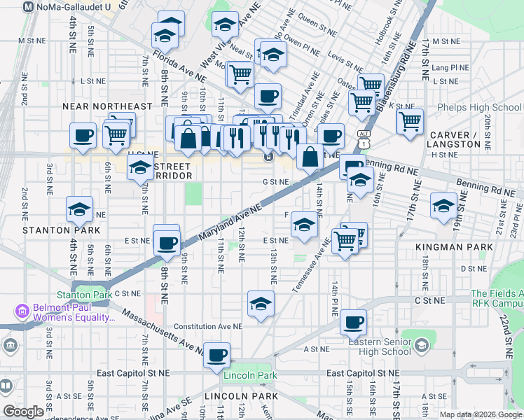 map of restaurants, bars, coffee shops, grocery stores, and more near 101 Independence Avenue Southeast in Washington