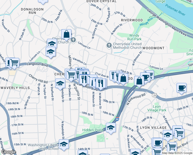 map of restaurants, bars, coffee shops, grocery stores, and more near 2120 North Monroe Street in Arlington