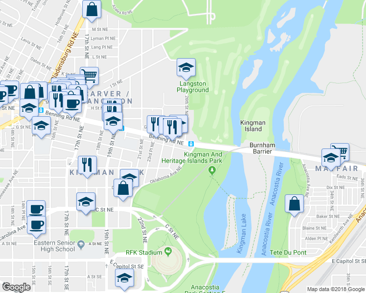 map of restaurants, bars, coffee shops, grocery stores, and more near 2523 Benning Road Northeast in Washington