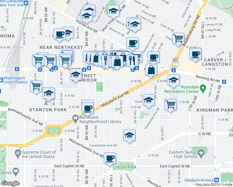 map of restaurants, bars, coffee shops, grocery stores, and more near 1116 F Street Northeast in Washington