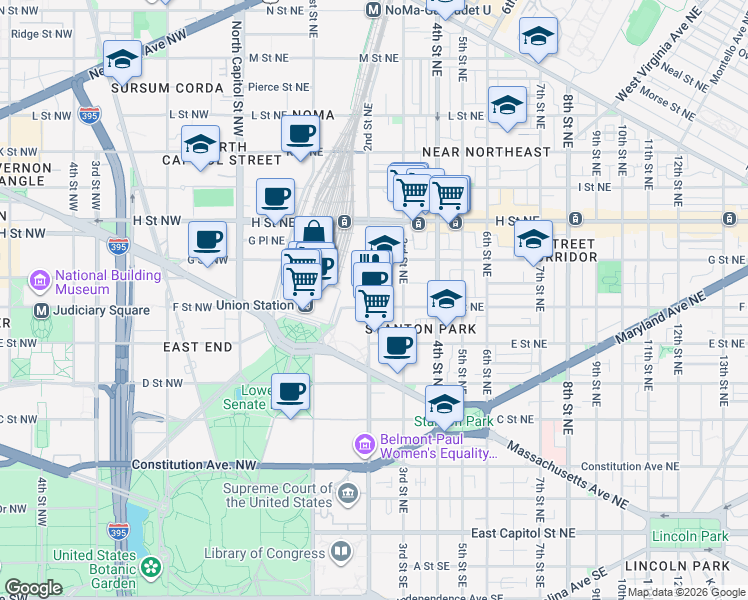 map of restaurants, bars, coffee shops, grocery stores, and more near 101 Independence Avenue Southeast in Washington