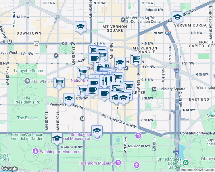 map of restaurants, bars, coffee shops, grocery stores, and more near 909 F Street Northwest in Washington