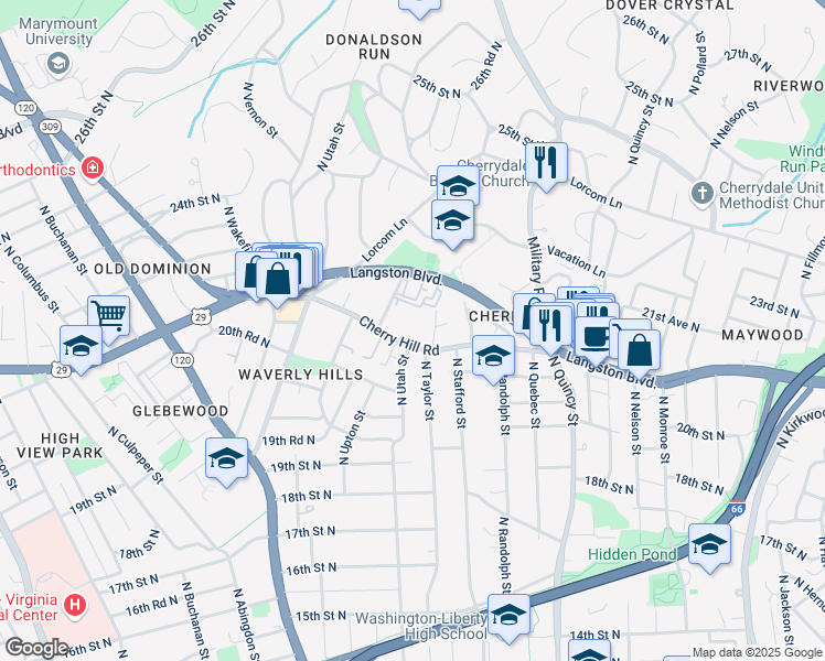 map of restaurants, bars, coffee shops, grocery stores, and more near 4201 Cherry Hill Road in Arlington