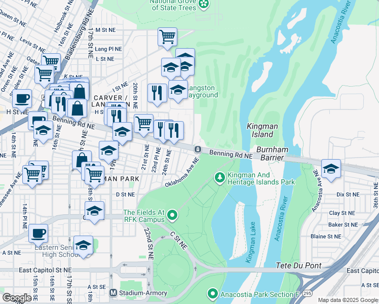 map of restaurants, bars, coffee shops, grocery stores, and more near 2523 Benning Road Northeast in Washington