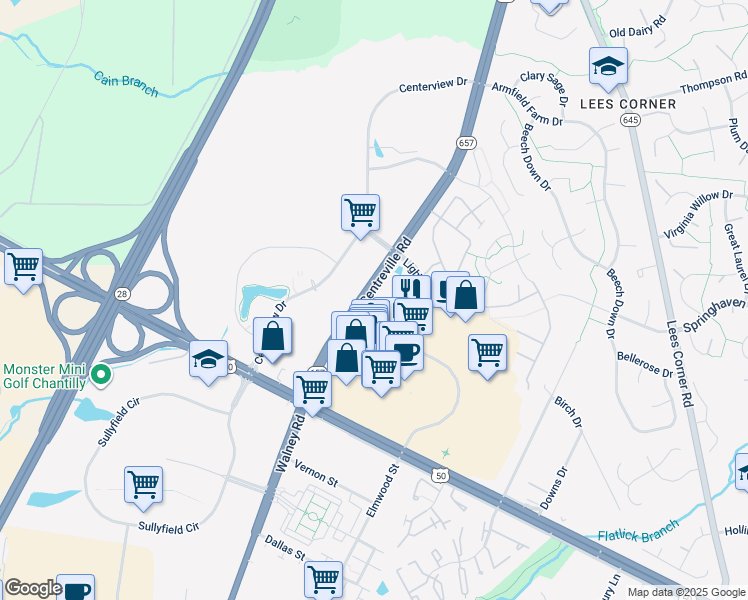map of restaurants, bars, coffee shops, grocery stores, and more near 3840 Lightfoot Street in Chantilly