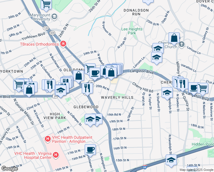 map of restaurants, bars, coffee shops, grocery stores, and more near 4637 20th Road North in Arlington