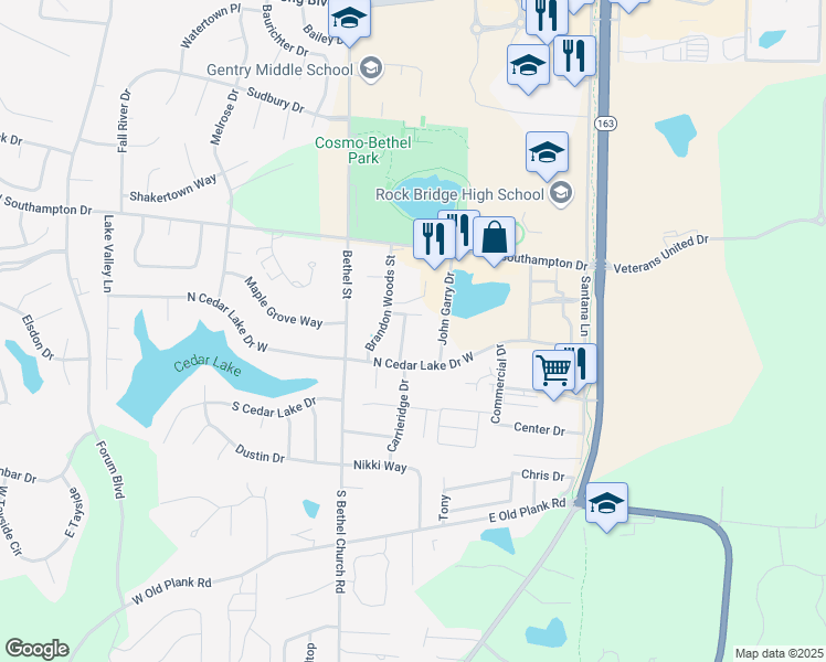 map of restaurants, bars, coffee shops, grocery stores, and more near 27 North Cedar Lake Drive West in Columbia