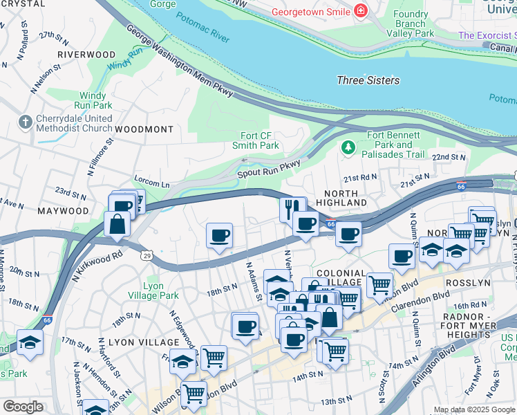 map of restaurants, bars, coffee shops, grocery stores, and more near 2001 North Adams Street in Arlington