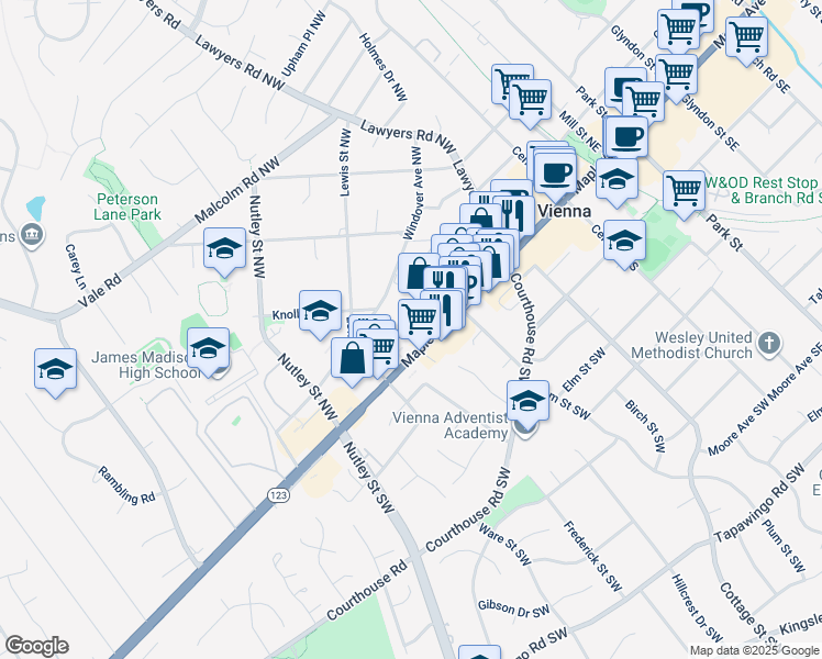 map of restaurants, bars, coffee shops, grocery stores, and more near 307 Maple Avenue West in Vienna