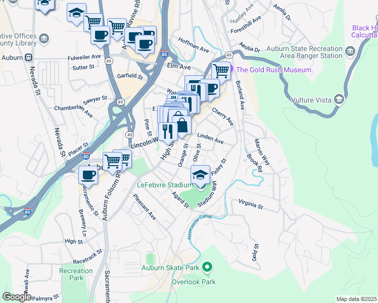 map of restaurants, bars, coffee shops, grocery stores, and more near 130 Orange Street in Auburn